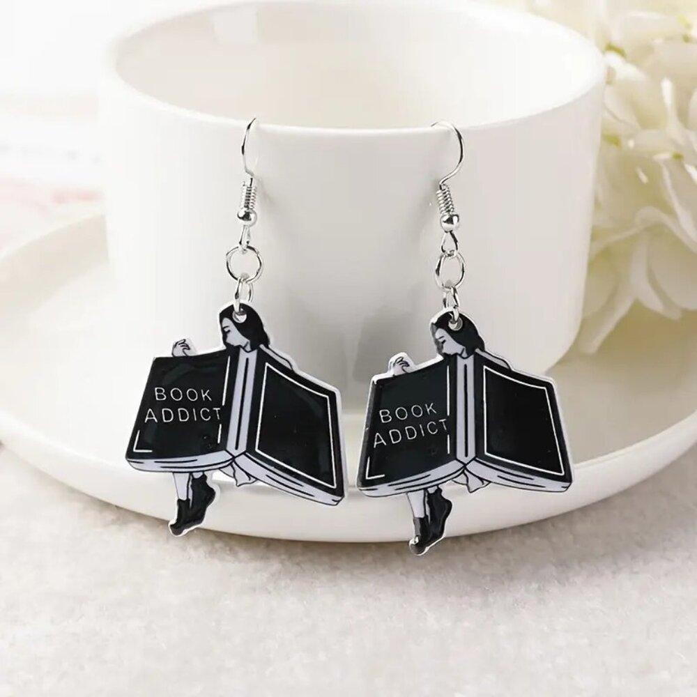 Acrylic Earrings,"Book Addict" Engraved Magic Book Design Vintage Style Dangle